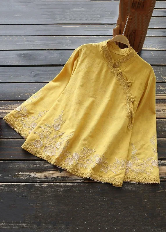 Dress ShirtsNew Yellow Embroidered Button Cotton Shirt Long Sleeve