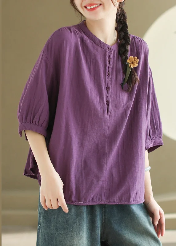 Streetwear ShirtsOrganic Purple O Neck Button Cotton T Shirt Tops Half Sleeve