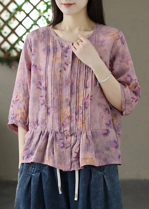 Denim ShirtsOrganic Purple O-Neck Print Wrinkled Linen Shirt Summer