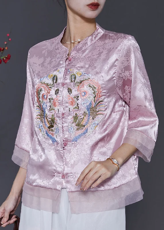 Lace-Up ShirtsPink Jacquard Silk Chinese Style Shirt Top Embroidered Spring