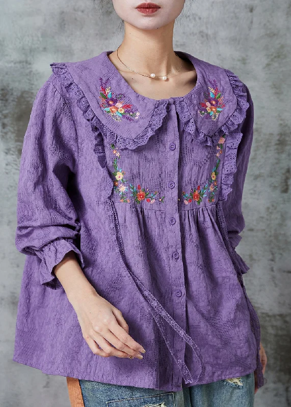 Button-Up ShirtsPurple Patchwork Lace Cotton Shirt Top Embroidered Spring