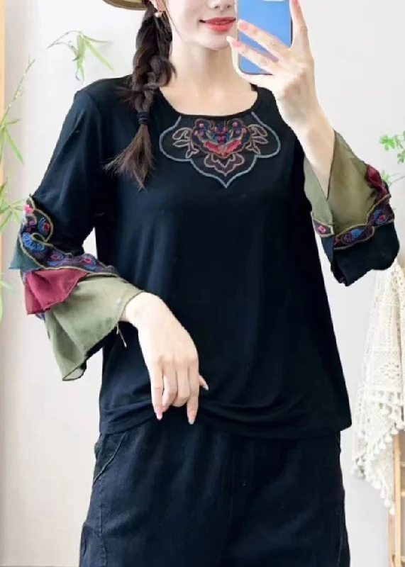 Studded ShirtsRetro Black Embroidered Floral Tulle Patchwork Shirt Bracelet Sleeve