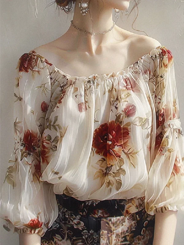 Mesh ShirtsRetro Elegant Floral One-line Collar Shirt Long Sleeve