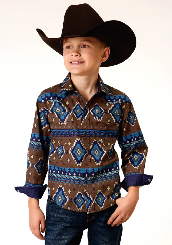 Sequined ShirtsRoper Boys Kids Brown 100% Cotton Chocolate Aztec L/S Shirt