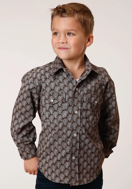 Beaded ShirtsRoper Boys Kids Chocolate/Cream Cotton Blend Tear Drop L/S Shirt