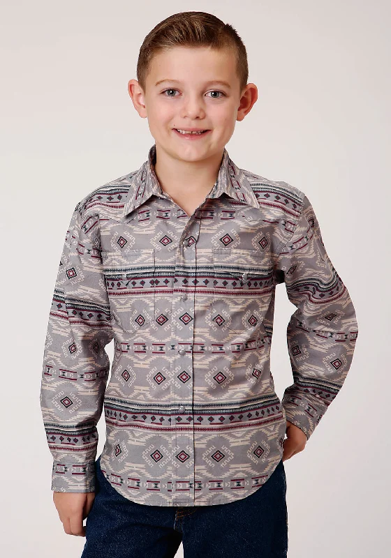 Plush ShirtsRoper Boys Kids Grey 100% Cotton Blanket Aztec L/S Shirt