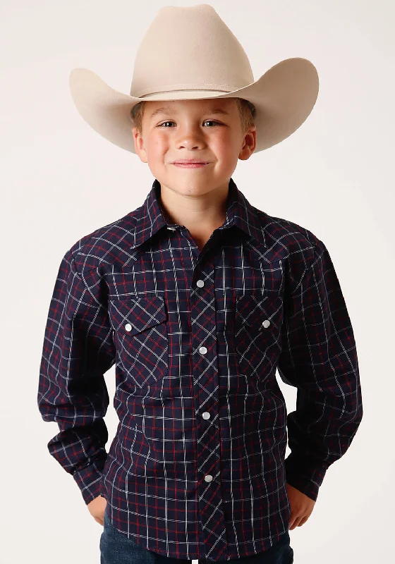 Gym ShirtsRoper Boys Kids Navy/White Cotton Blend Windowpane L/S Plaid Shirt