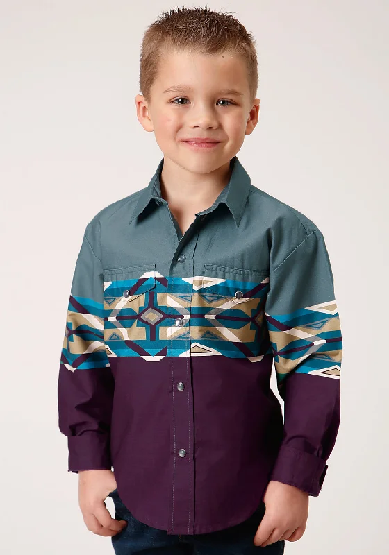 Sheer ShirtsRoper Boys Kids Wine 100% Cotton Tile Aztec L/S Border Shirt