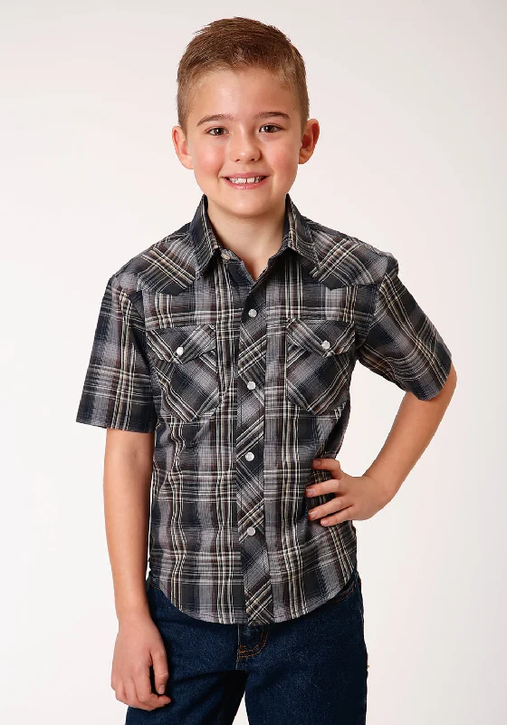 Fringed ShirtsRoper Boys Navy/Cream Cotton Blend 55/45 Plaid S/S Shirt