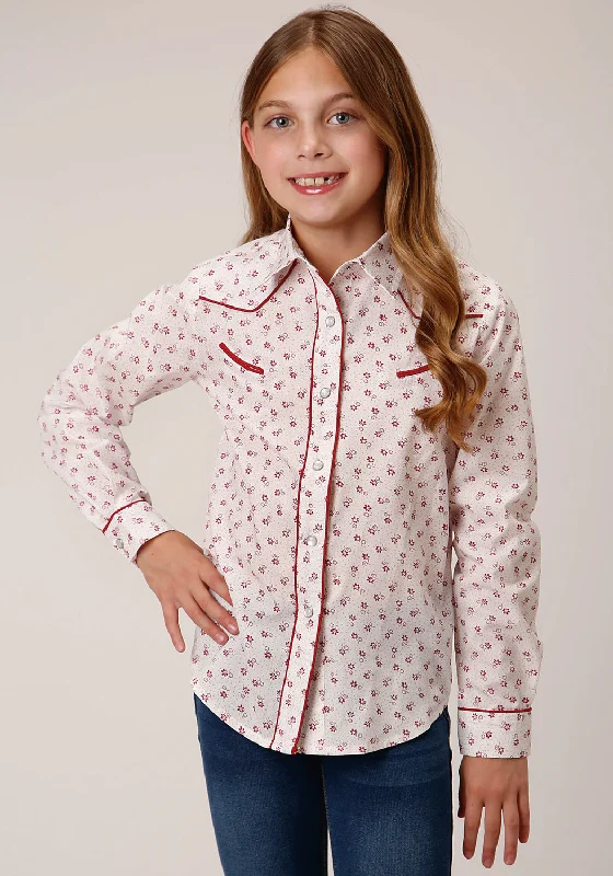 Fringed ShirtsRoper Girls Kids White/Red Cotton Blend Floral Print L/S Shirt