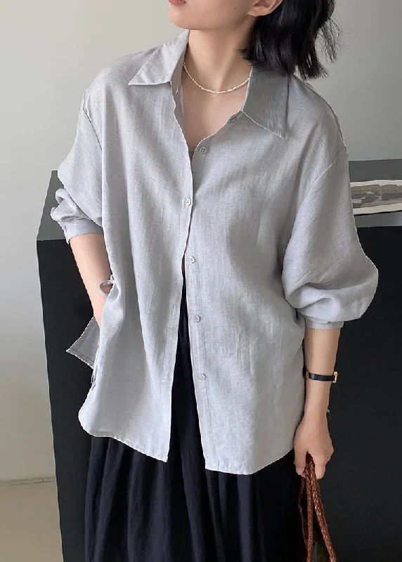 Hooded ShirtsSimple Grey Blue Peter Pan Collar Button Shirt Summer