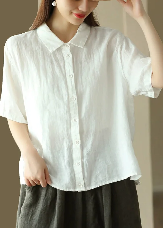 Cropped ShirtsSimple Loose White Peter Pan Collar Linen Shirt Summer