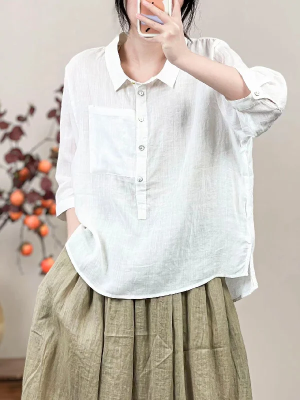 Graphic ShirtsSummer Women Solid Color Retro Linen Shirt