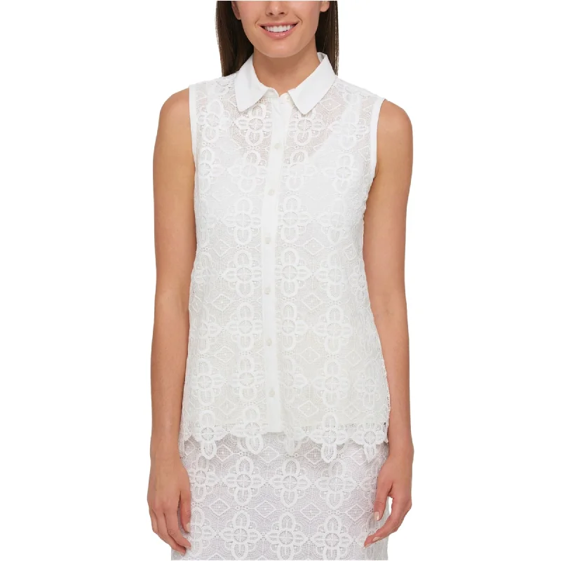 Linen ShirtsTommy Hilfiger Womens Lace Button Up Shirt, Off-White, Small