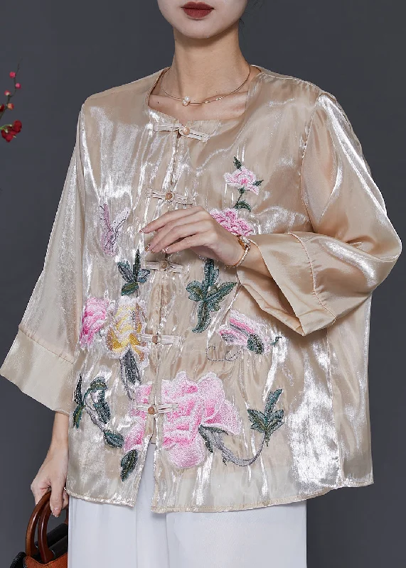 Hooded ShirtsVintage Champagne Embroidered Linen Silk Shirt Spring