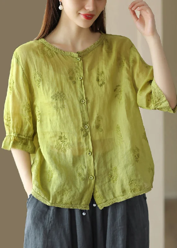 Fishing ShirtsVintage Green O Neck Embroidered Linen Shirt Summer