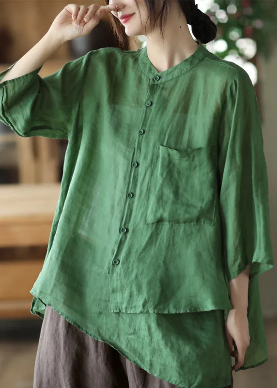 Compression ShirtsVintage Green Stand Collar Pockets Button Linen Shirt Summer