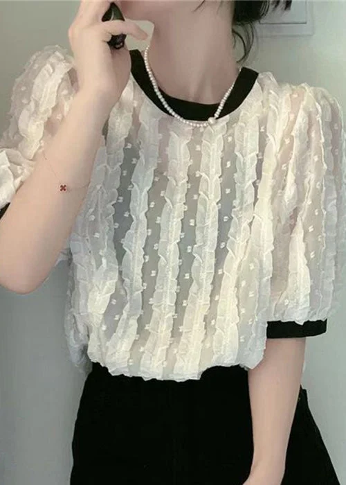 Sequined ShirtsWomen Apricot O-Neck Ruffled Patchwork Chiffon Shirt Summer