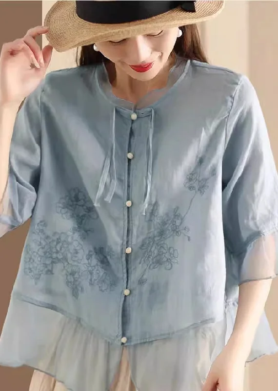 Mesh ShirtsWomen Blue Embroidered Tulle Patchwork Linen Shirt Summer