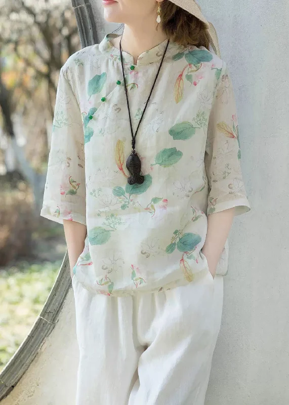 Relaxed Fit ShirtsWomen Green Print Stand Collar Button Linen Shirt Half Sleeve