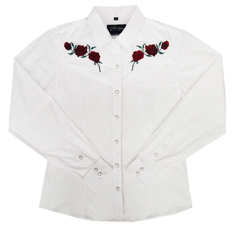 Polyester ShirtsWomen's Embroidered Western Shirt: White Horse Roses