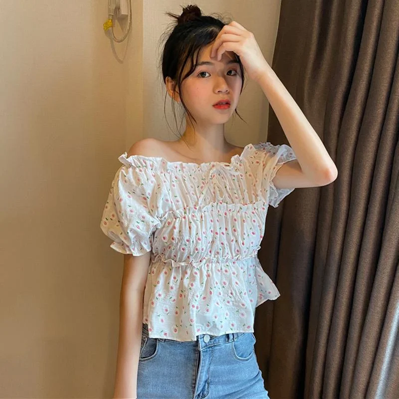 Ribbed Cuff ShirtsWomen's Kawaii Off The Shoulder Floral Shirts