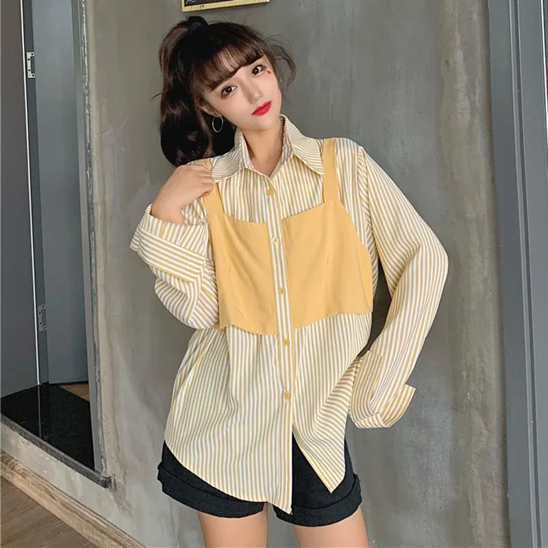 Studded ShirtsWomen's Lovely False Two Pieces Striped Shirts