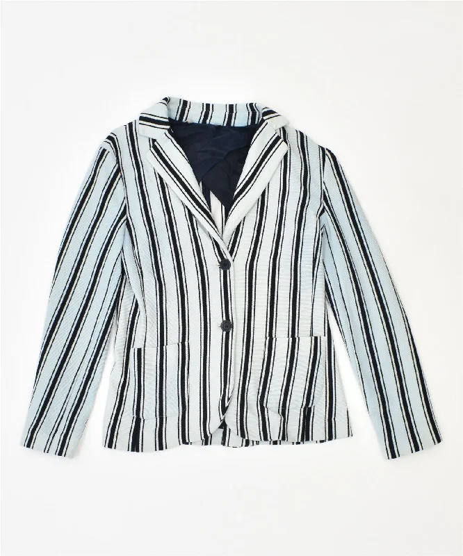 BlazermuseumVINTAGE Womens 2 Button Blazer Jacket UK 10 Small Blue Striped Polyester