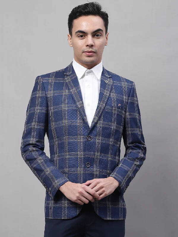 BlazermodernBlue Checkered Full Sleeves Formal Blazer For Men