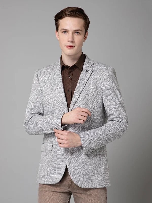 BlazerinnovationGrey Checkered Full Sleeves Casual Blazer For Men