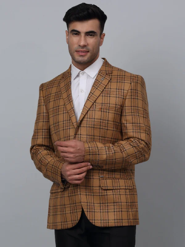 BlazerrivalLight Brown Checkered Full Sleeves Formal Blazer For Men