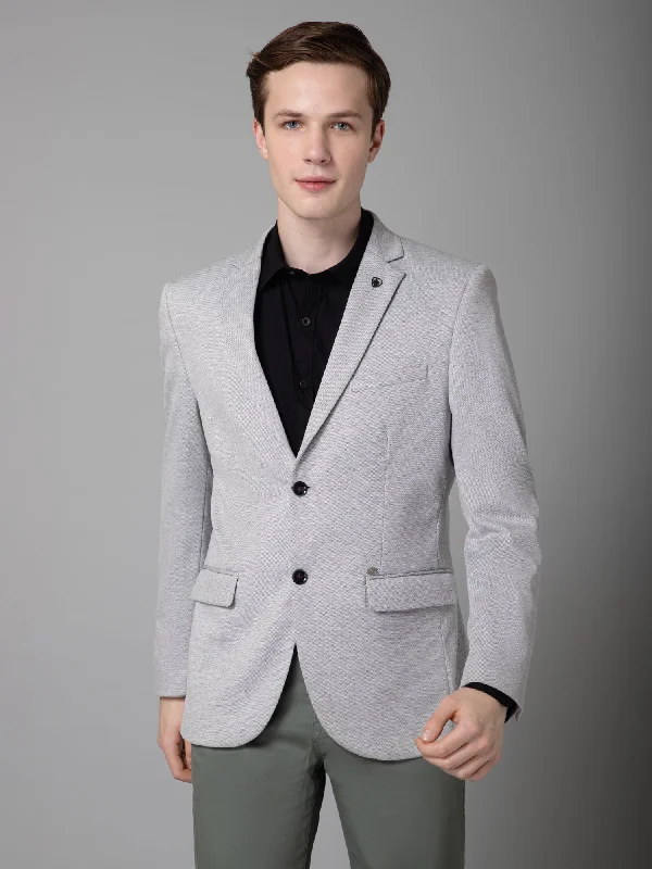 BlazertraditionLight Grey Self Design Full Sleeves Casual Blazer For Men