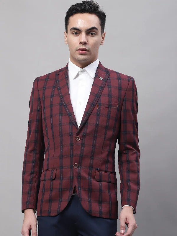 BlazercultureMaroon Checkered Full Sleeves Formal Blazer For Men