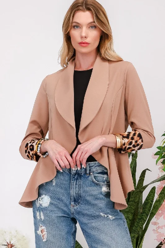 BlazercryptoCeleste Full Size Rolled Leopard Cuff Open Front Blazer